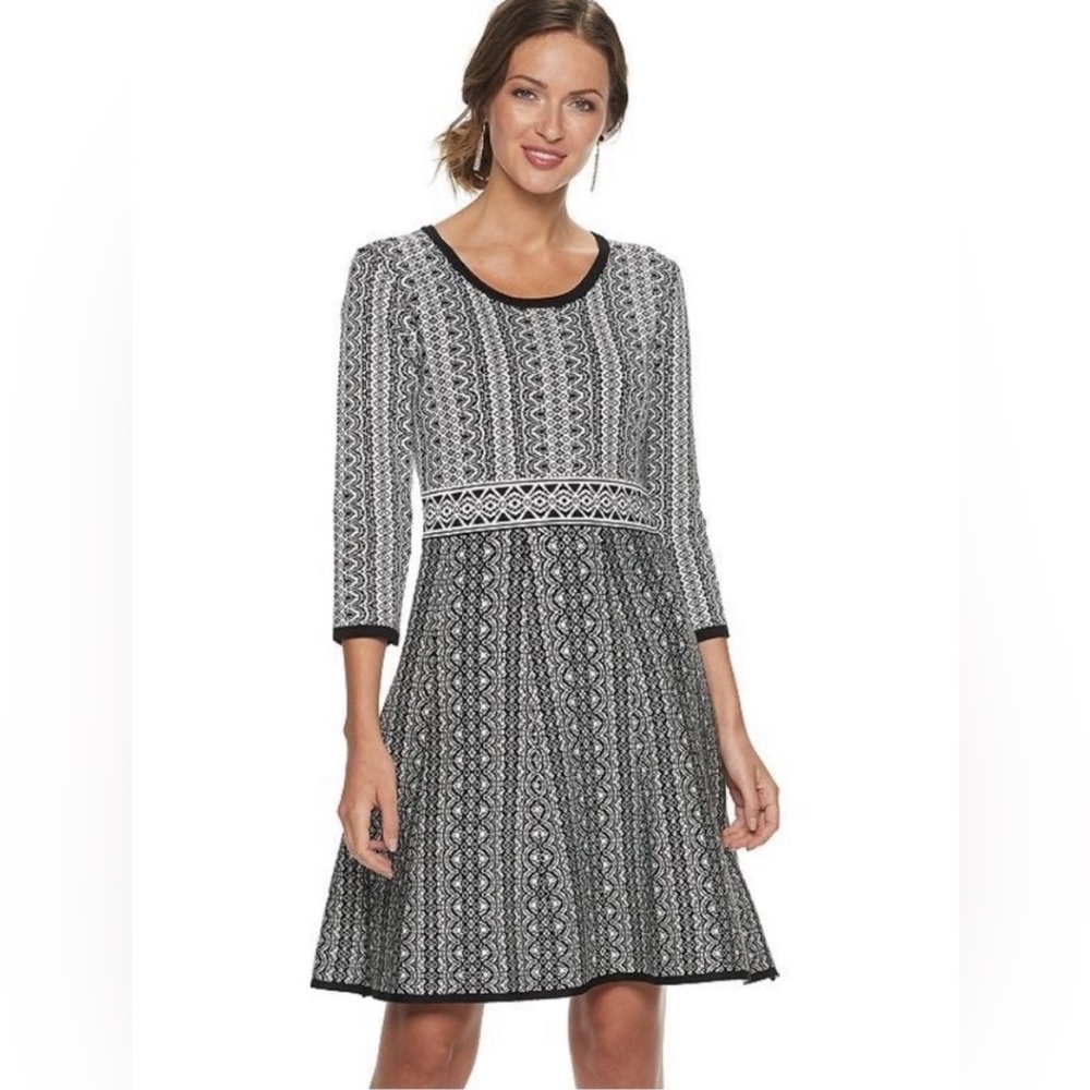 Nina Leonard Black and White Winter Sweater Dress 3/4 Sleeve NWT